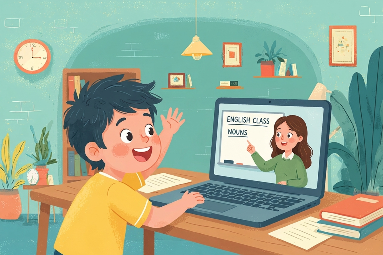 طفل يستمتع بدرس إنجليزي عبر الإنترنت