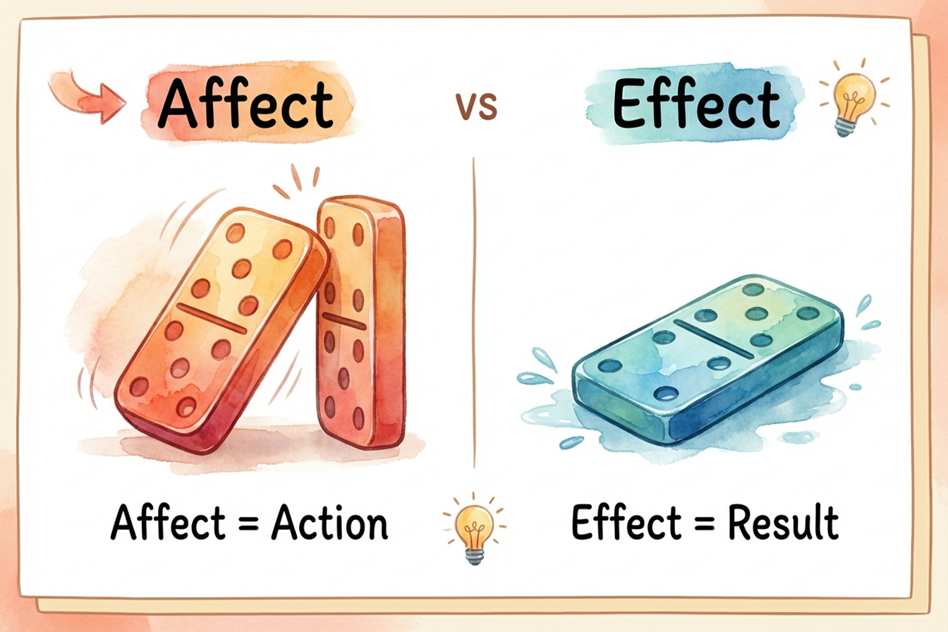 تصميم إنفوجرافيك تعليمي يوضح الفرق بين Affect كفعل وEffect كنتيجة باستخدام مثال أحجار الدومينو.1-ACLE~1.PNG