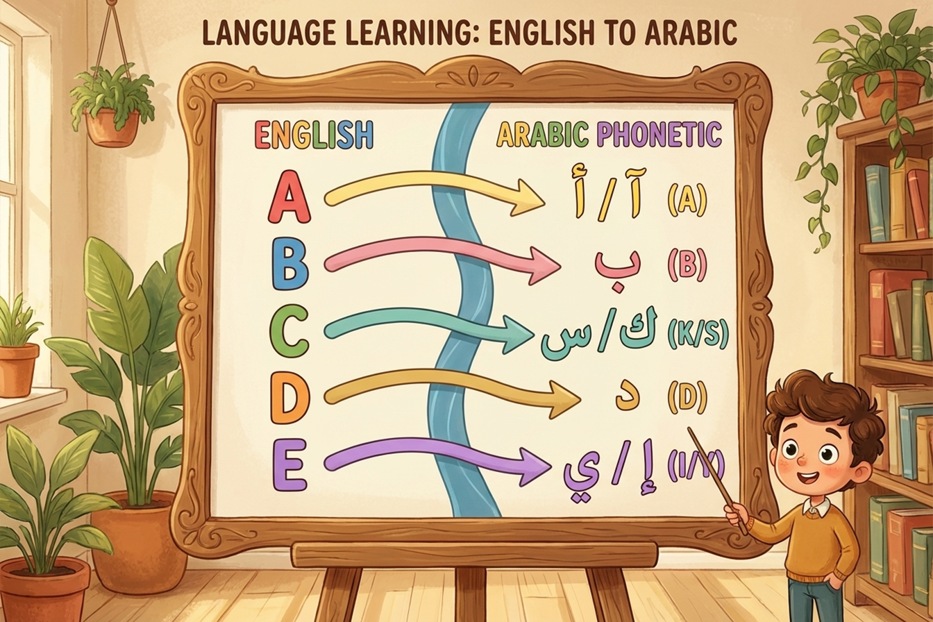 مقارنة تعليمية بين الحروف الإنجليزية ونطقها بالعربية مع أسهم توضيحية