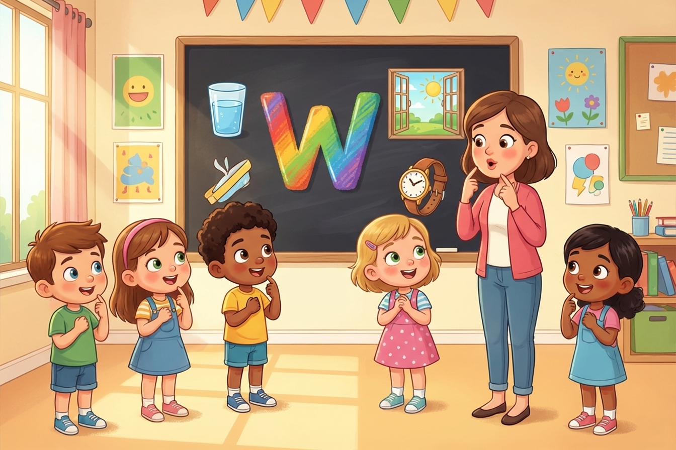 صورة تعليمية ملونة لأطفال يتعلمون نطق حرف W، مع معلمة تشرح شكل الشفاه وأمثلة مثل ماء ونافذة وساعة داخل فصل دراسي ممتع