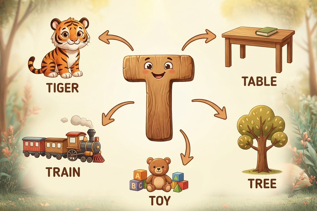 رسم تعليمي يوضح حرف T مع كلمات مرتبطة مثل tiger و table و train لتوسيع المفردات