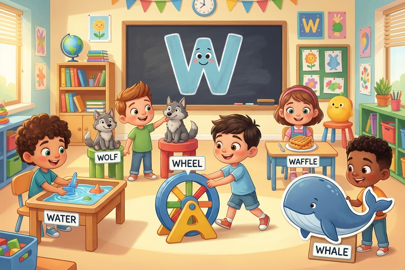 صورة كرتونية توضح كلمات تبدأ بحرف W للأطفال: ماء، ذئب، عجلة، وافل، وحوت، معنونة في فصل دراسي ملون.