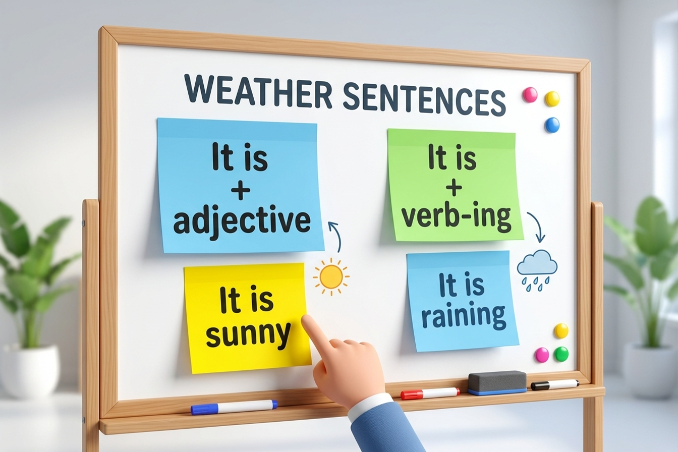 لوحة تعليمية توضح طريقتي التحدث عن الطقس بالإنجليزية مثل It is sunny و It is raining مع أمثلة بسيطة