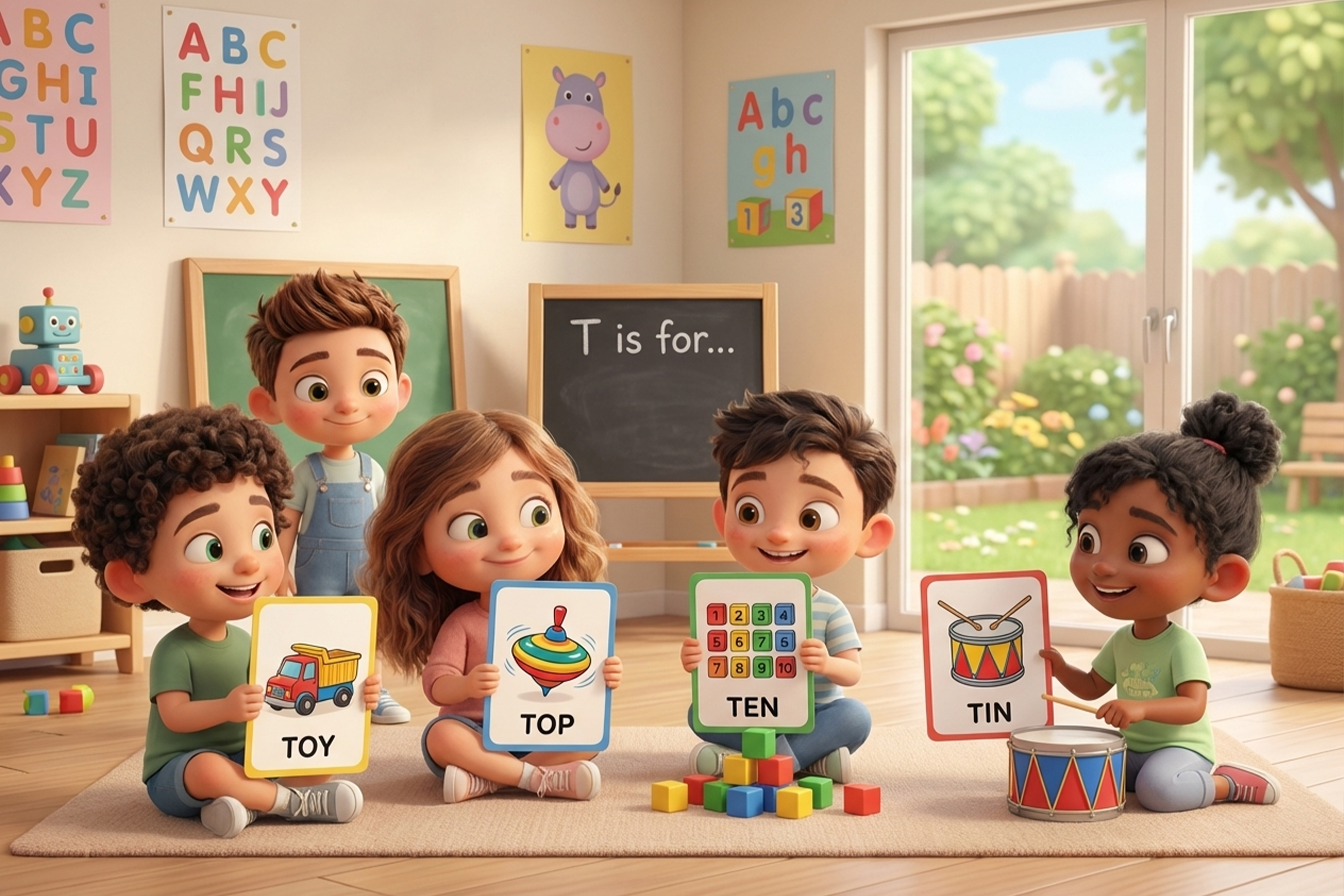 أطفال في الروضة يتعلمون كلمات بحرف T مثل toy و top و ten باستخدام بطاقات تعليمية