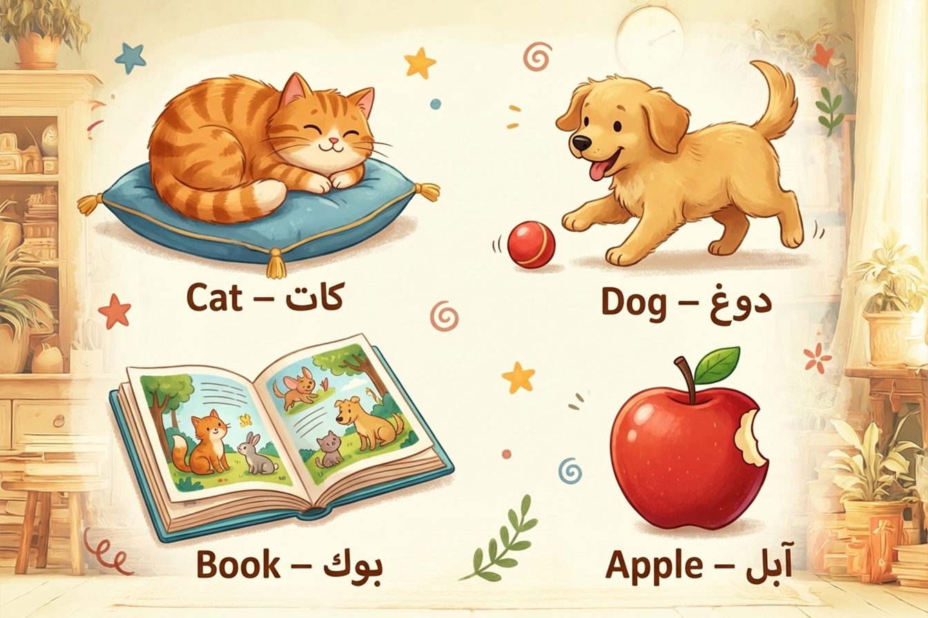 أمثلة مرئية لكلمات إنجليزية مثل cat و dog مع كتابتها بالعربية بطريقة مبسطة