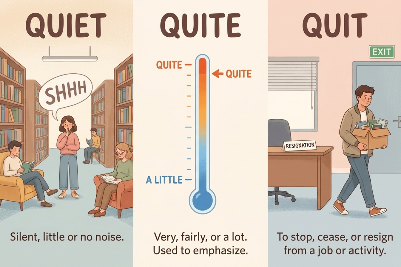 إنفوغرافيك يقارن بين Quiet و Quite و Quit مع أمثلة مرئية مثل مكتبة هادئة ومقياس شدة وشخص يستقيل من عمله