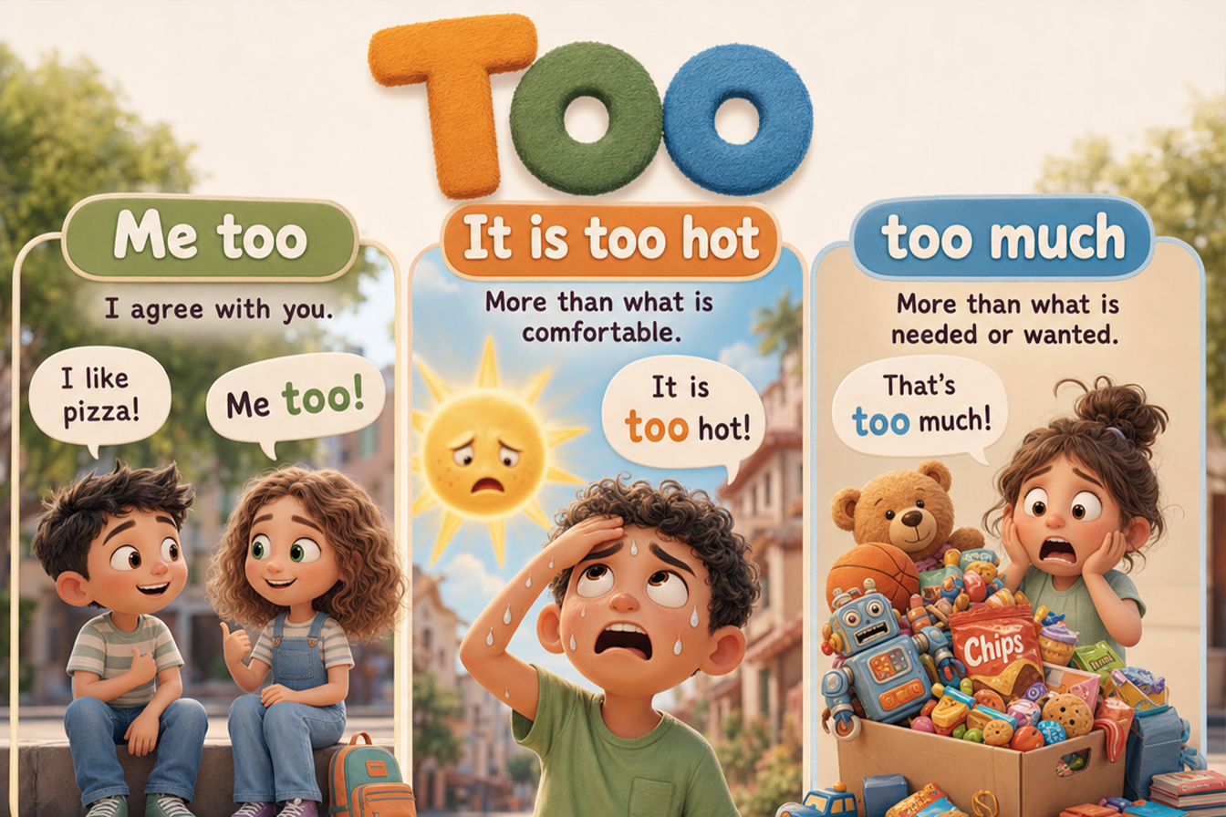 توضيح بصري لاستخدام كلمة Too بمعنى أيضًا وبمعنى الزيادة في مواقف مختلفة