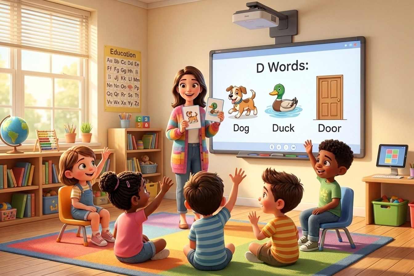 صف دراسي ممتع للأطفال يتعلمون كلمات إنجليزية تبدأ بحرف D باستخدام بطاقات ت