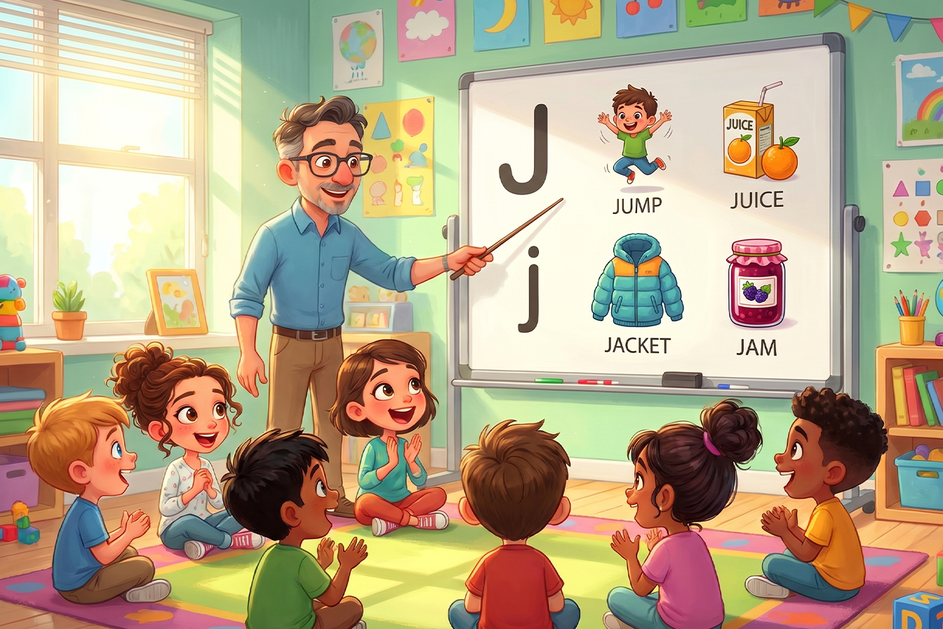 صورة تعليمية في فصل دراسي توضح نطق حرف J مع كلمات مثل jump وjuice وjacket وjam بطريقة ممتعة للأطفال.
