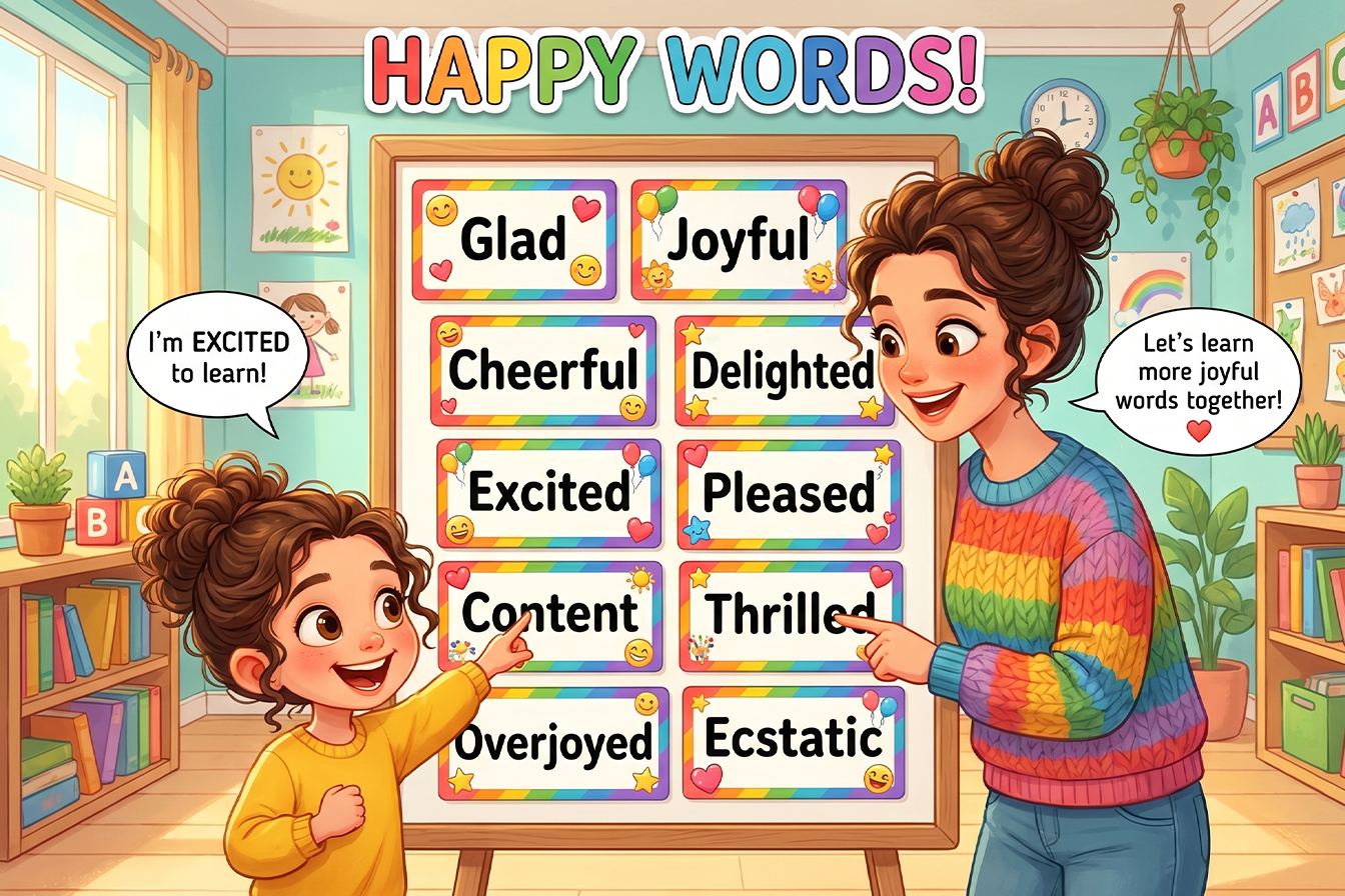 أطفال يتعلمون مرادفات كلمة Happy من خلال بطاقات ملونة تحتوي على كلمات مثل Glad وJoyful وDelighted وExcited في فصل دراسي ممتع.