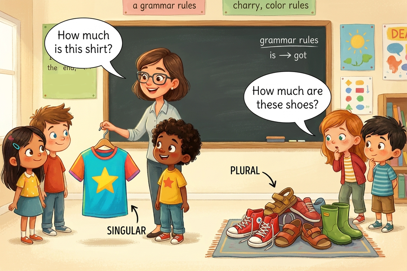 صورة تعليمية توضح الفرق بين استخدام How much is للمفرد وHow much are للجمع