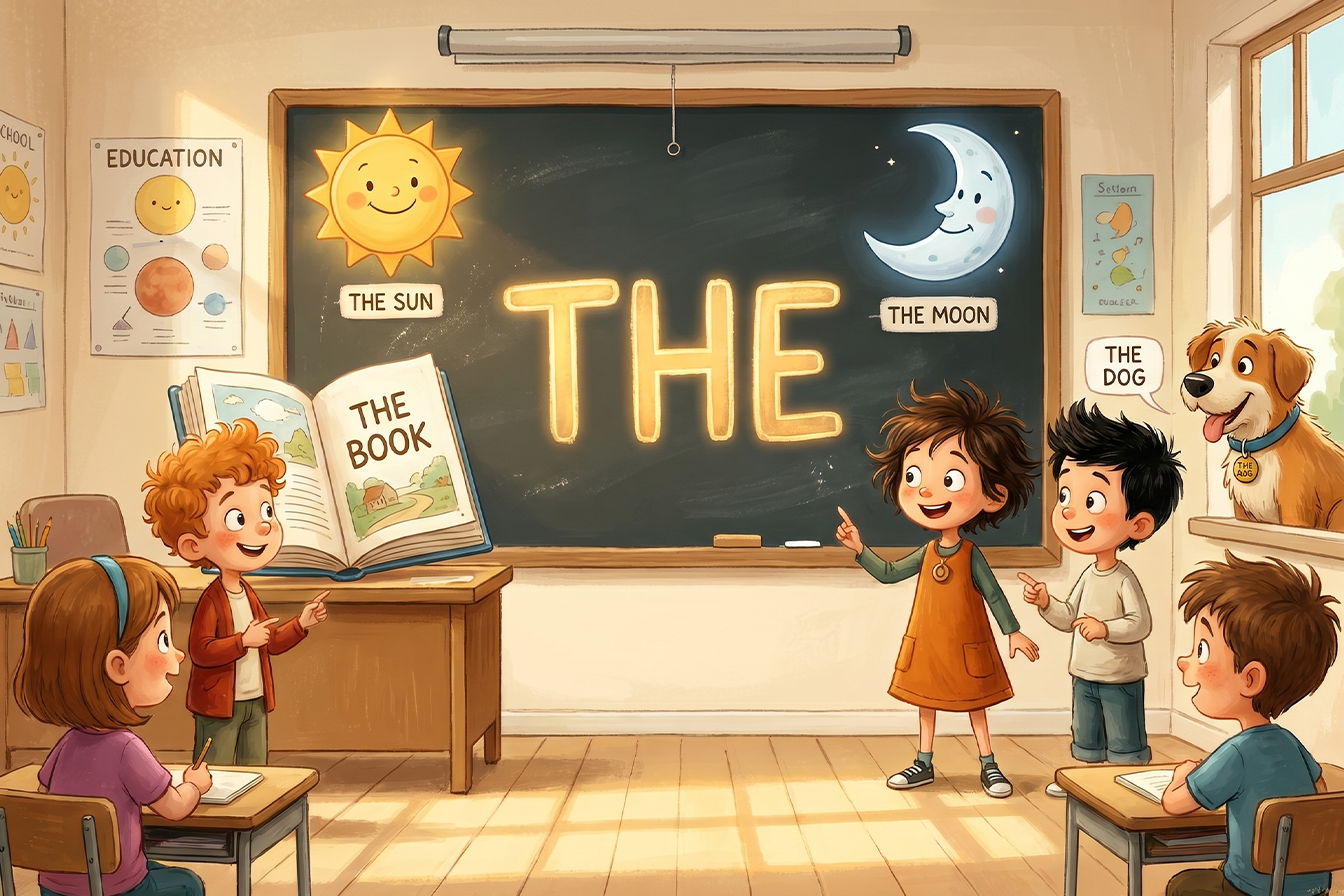 رسم تعليمي يوضح استخدام the مع أمثلة لأشياء محددة ومعروفة مثل الشمس والقمر والكتاب