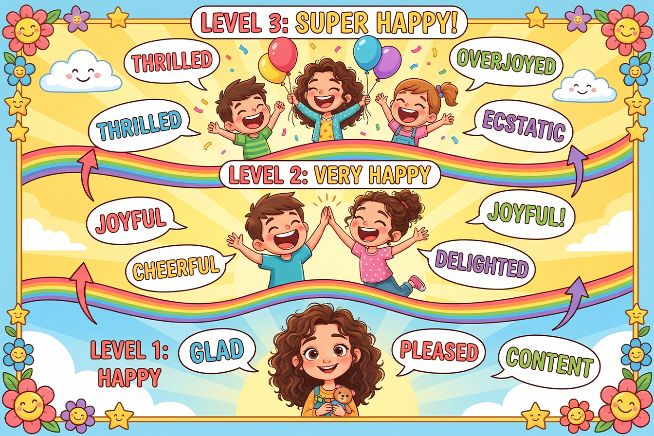 مخطط تعليمي للأطفال يوضح مستويات السعادة المختلفة من Glad وContent إلى Thrilled وEcstatic باستخدام رسومات كرتونية ملونة.
