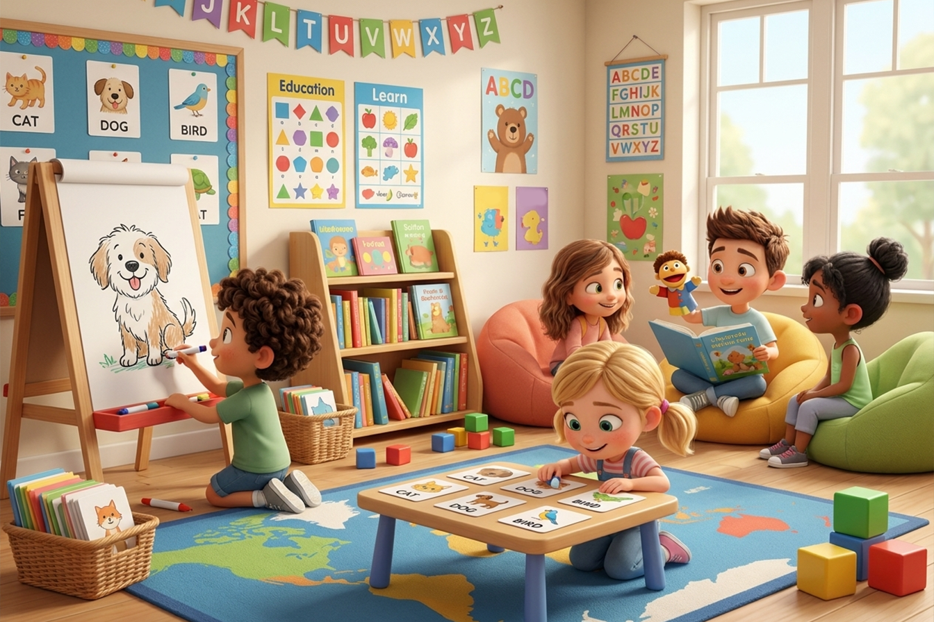 أطفال يقومون بأنشطة تعليمية ممتعة لتعلم كلمات تبدأ بحرف D مثل الرسم ومطابقة الكلمات