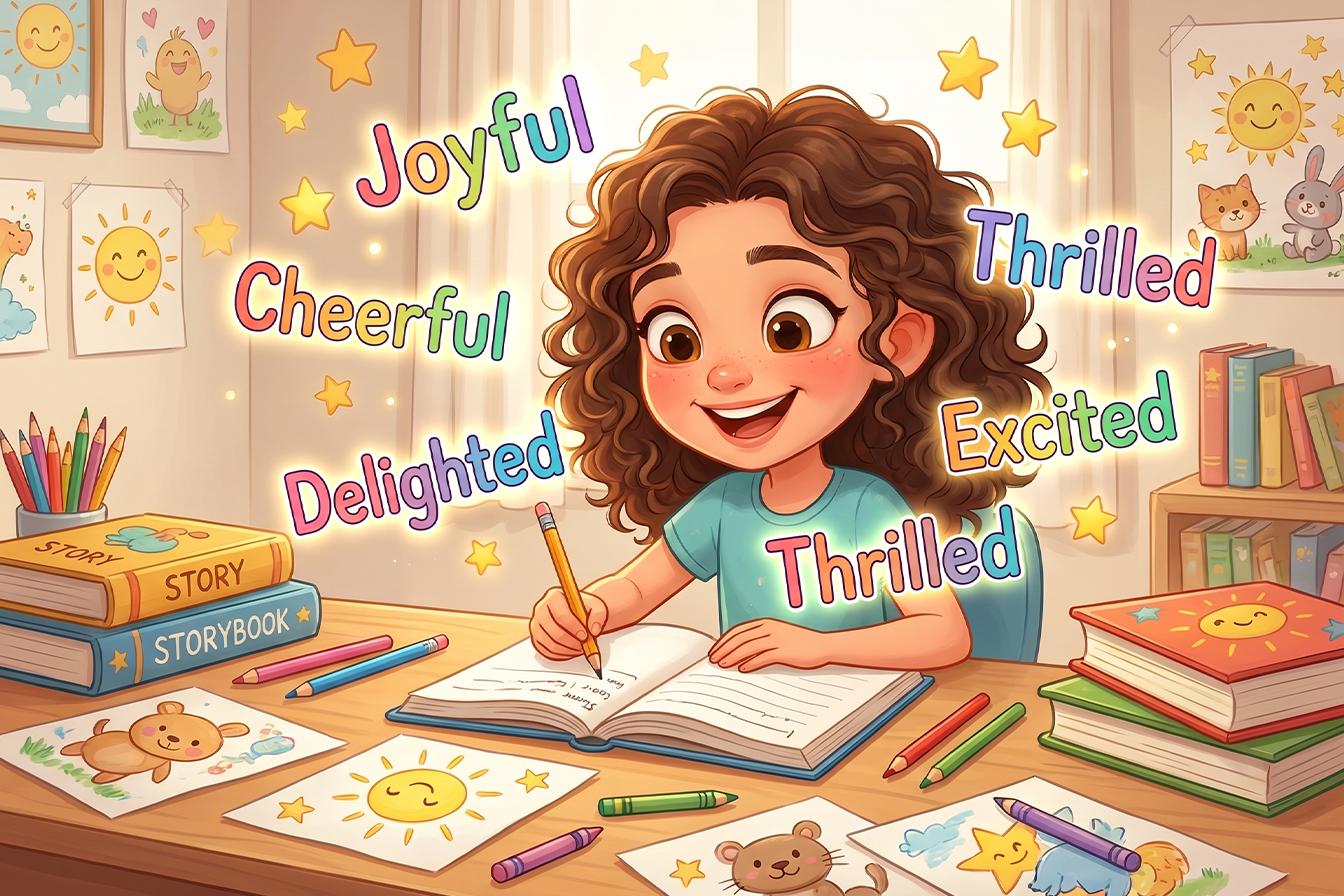 طفل يكتب قصة باللغة الإنجليزية مستخدمًا مرادفات كلمة Happy مثل Joyful وCheerful وThrilled في مشهد تعليمي ممتع.