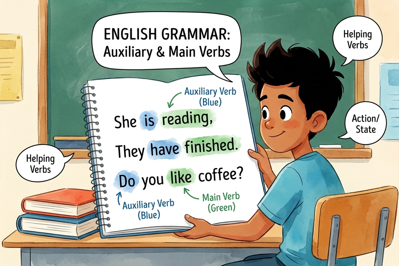 طالب يتعلم الأفعال المساعدة في اللغة الإنجليزية مع أمثلة توضح الفرق بين الفعل المساعد والفعل الرئيسي.