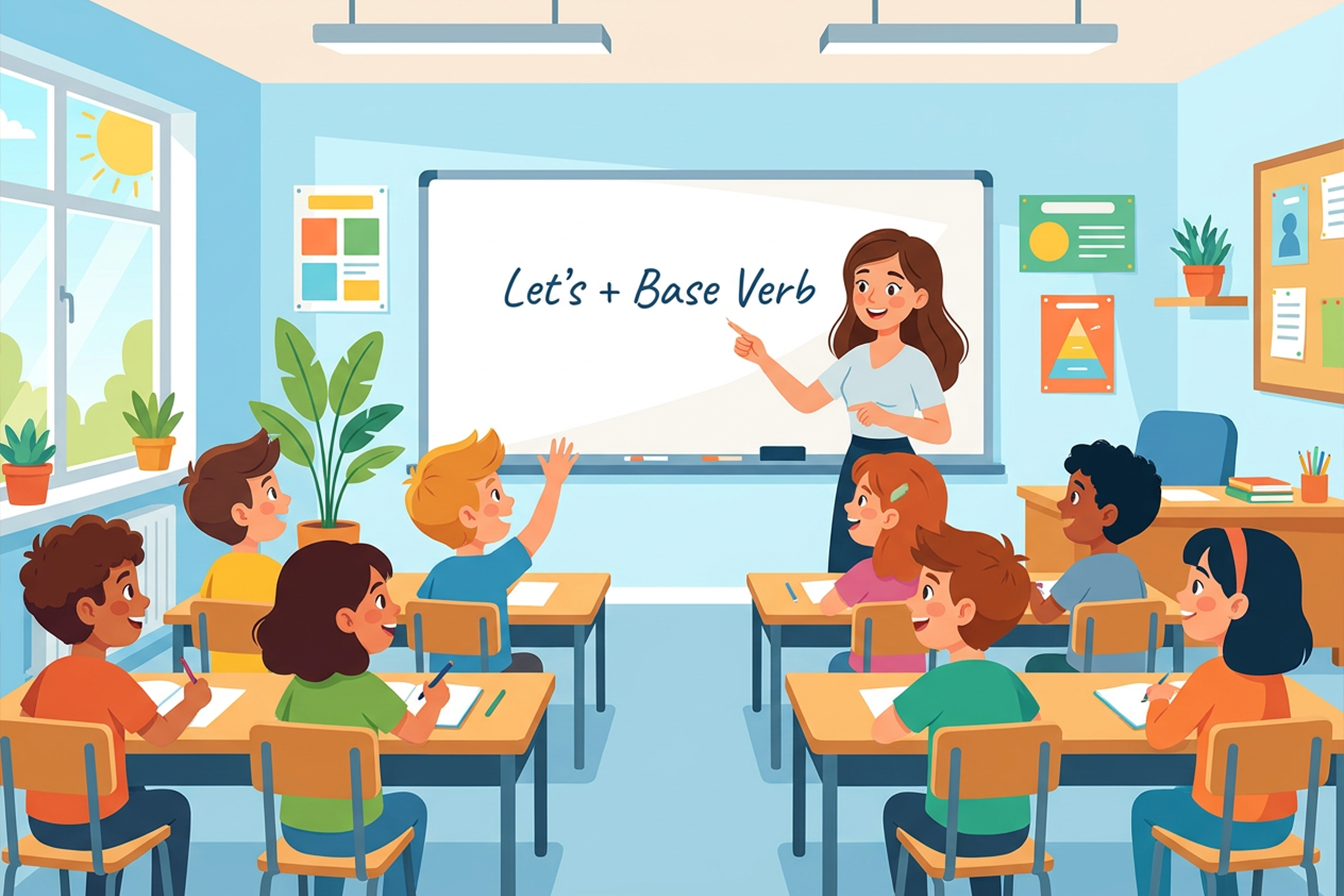 معلم لغة إنجليزية يشرح قاعدة Let's على السبورة داخل فصل دراسي بينما يشارك الطلاب في الدرس