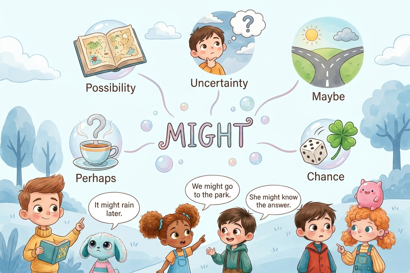 رسم توضيحي يشرح معنى الفعل الناقص Might وعلاقته بالاحتمال وعدم اليقين مع رموز تعليمية توضح استخدامه في اللغة الإنجليزية.
