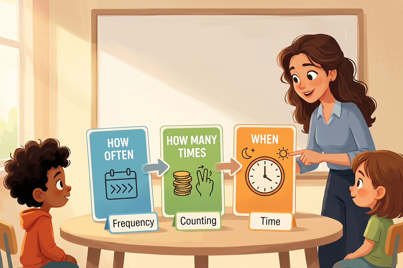 رسم تعليمي يوضح الفرق بين How Often وHow Many Times وWhen بطريقة بسيطة.