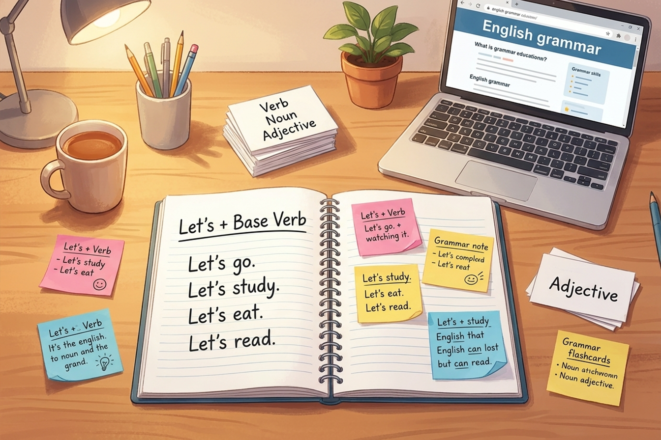 مكتب دراسة منظم يحتوي على ملاحظات وقاعدة Let's مع أدوات تعليمية تساعد على حفظ القاعدة بسهولة.