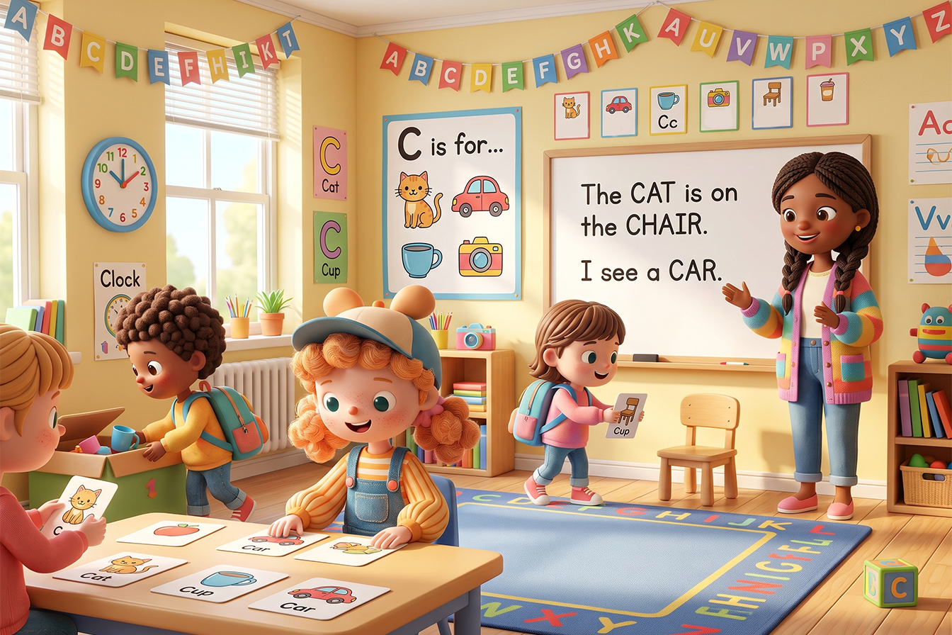 رسم تعليمي لأطفال يشاركون في أنشطة ممتعة لتعلم الكلمات الإنجليزية التي تبدأ بحرف C، مثل مطابقة الصور بالكلمات، والبحث عن أشياء تبدأ بحرف C، وتكوين جمل بسيطة داخل فصل دراسي ملون.