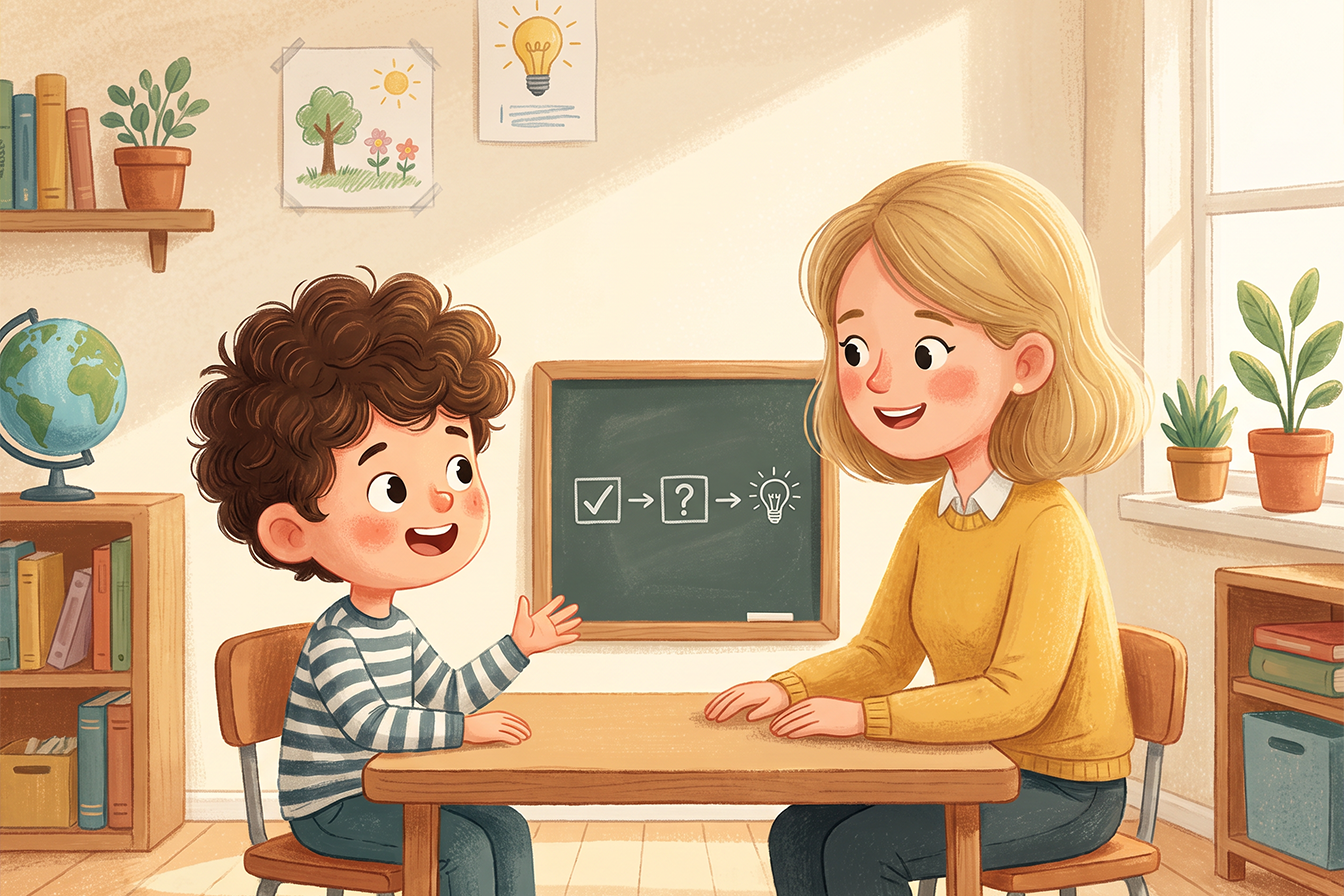متعلم صغير يتحدث بثقة في امتحان اللغة الإنجليزية مع شرح إجابته أمام المعلم.
