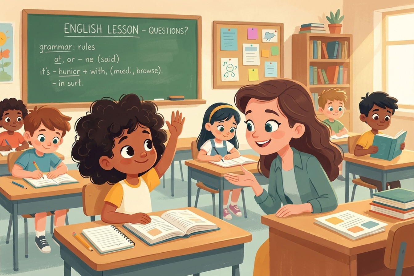طالب يطرح سؤالًا على المعلم أثناء درس اللغة الإنجليزية