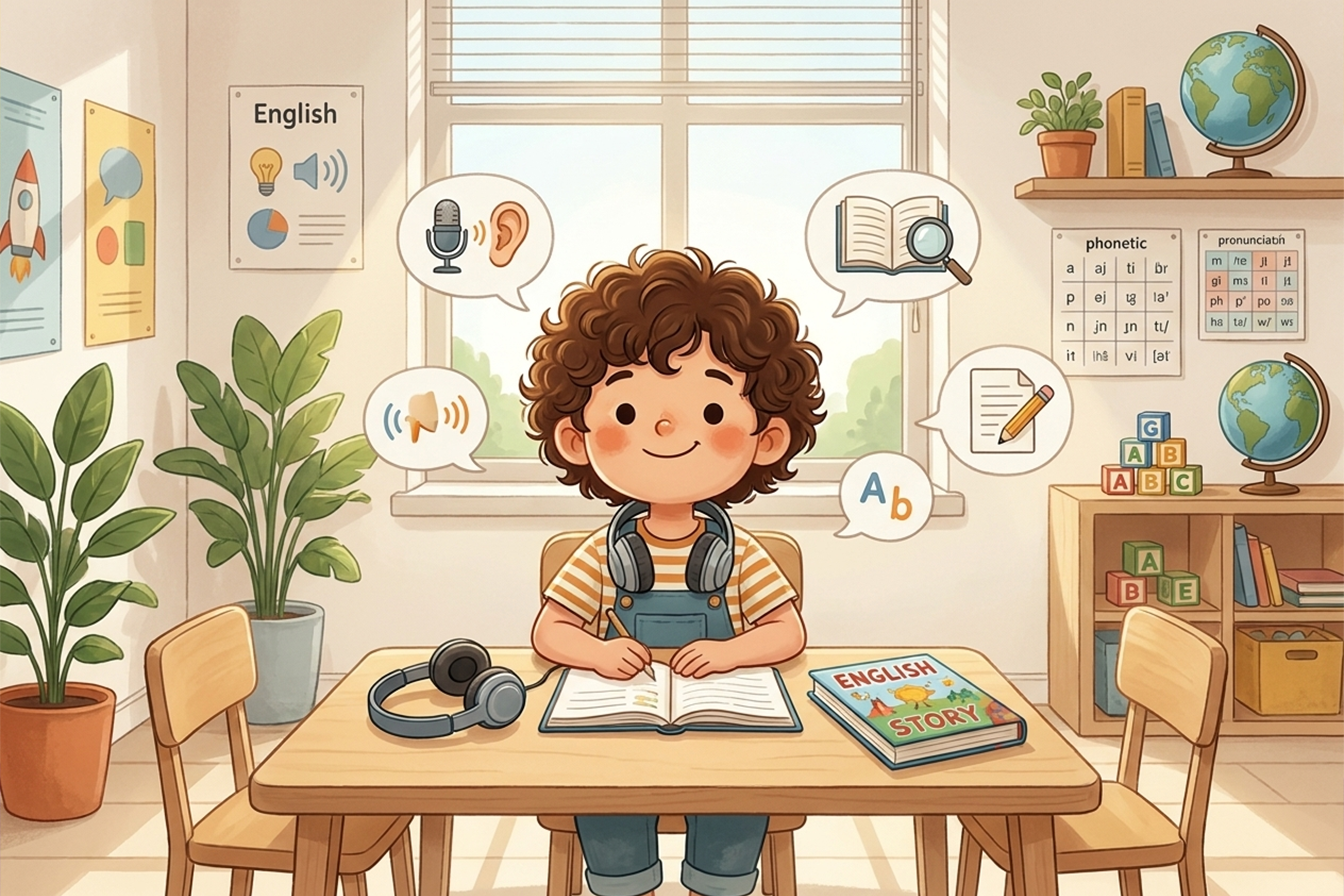 طفل يتعلم مهارات اللغة الإنجليزية مثل التحدث والاستماع والقراءة والكتابة والمفردات والقواعد والنطق.