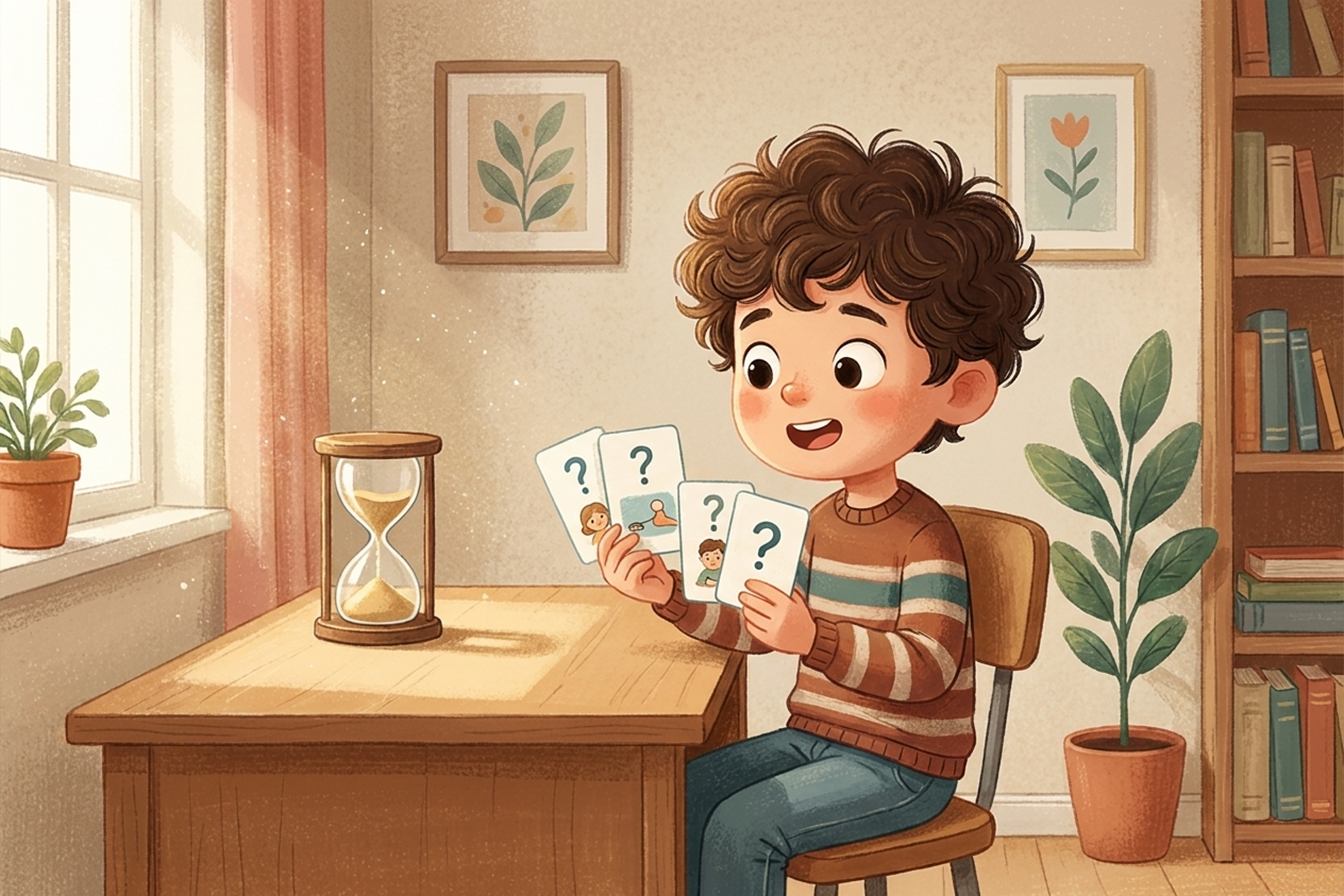 متعلم صغير يتدرب على التحدث باللغة الإنجليزية لمدة قصيرة باستخدام أسئلة بسيطة في المنزل.