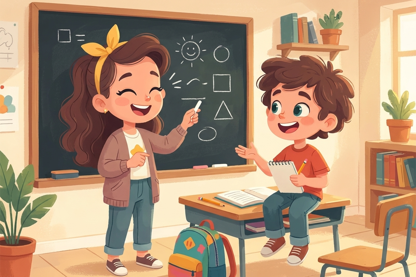 طفلان يتدربان على المحادثة باللغة الإنجليزية من خلال تمثيل الأدوار