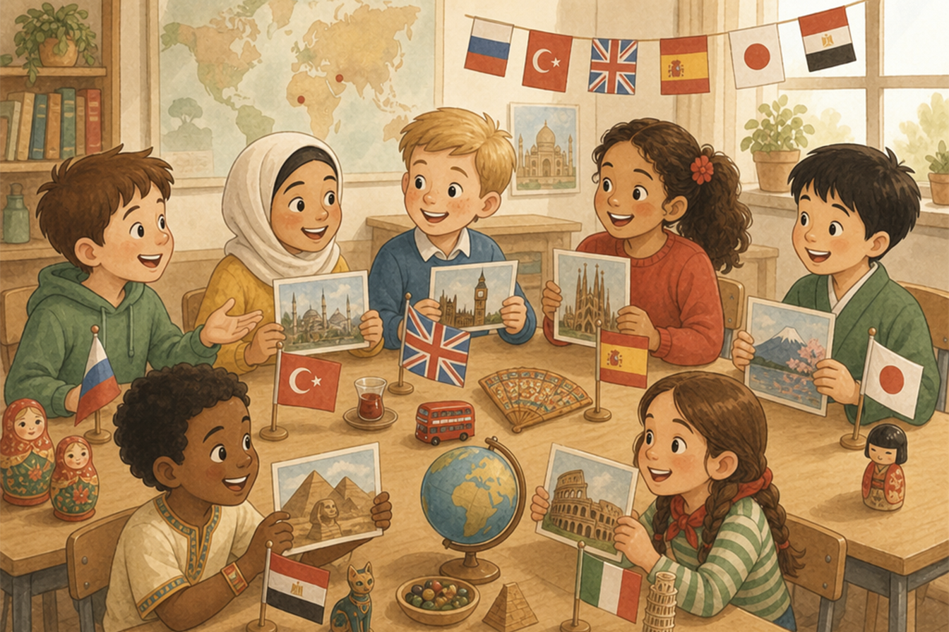أطفال من دول مختلفة يتحدثون عن بلدانهم وثقافاتهم باللغة الإنجليزية.