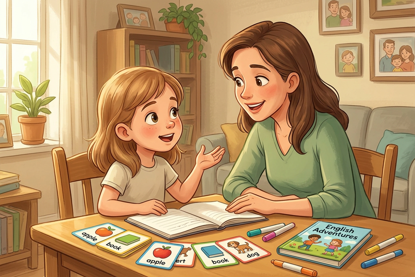 طفل يتدرب على التحدث باللغة الإنجليزية مع أحد والديه في المنزل.