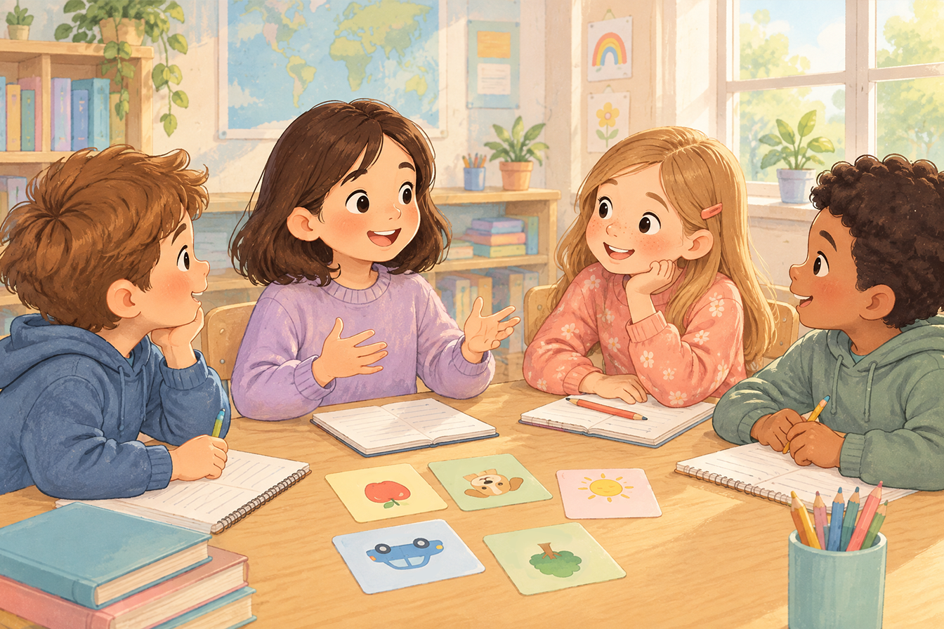 أطفال يتعلمون اللغة الإنجليزية معًا ويتبادلون الأفكار في بيئة صفية مشجعة.
