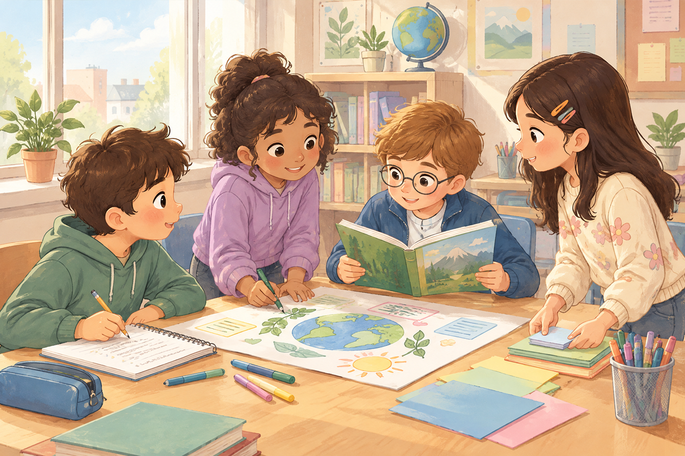 أطفال يمارسون اللغة الإنجليزية معًا باستخدام البطاقات المصورة والأنشطة التعليمية.