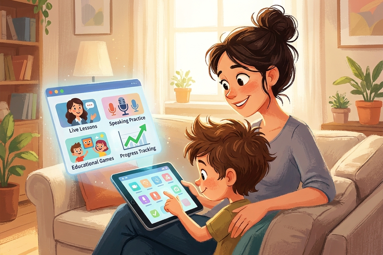 أم وطفل يستخدمان تطبيقًا لتعلم اللغة الإنجليزية ومتابعة تقدم الطفل