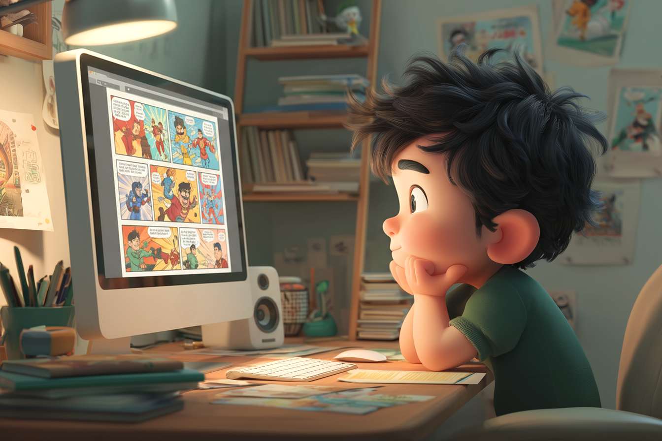 A boy reading English comics on his computer.