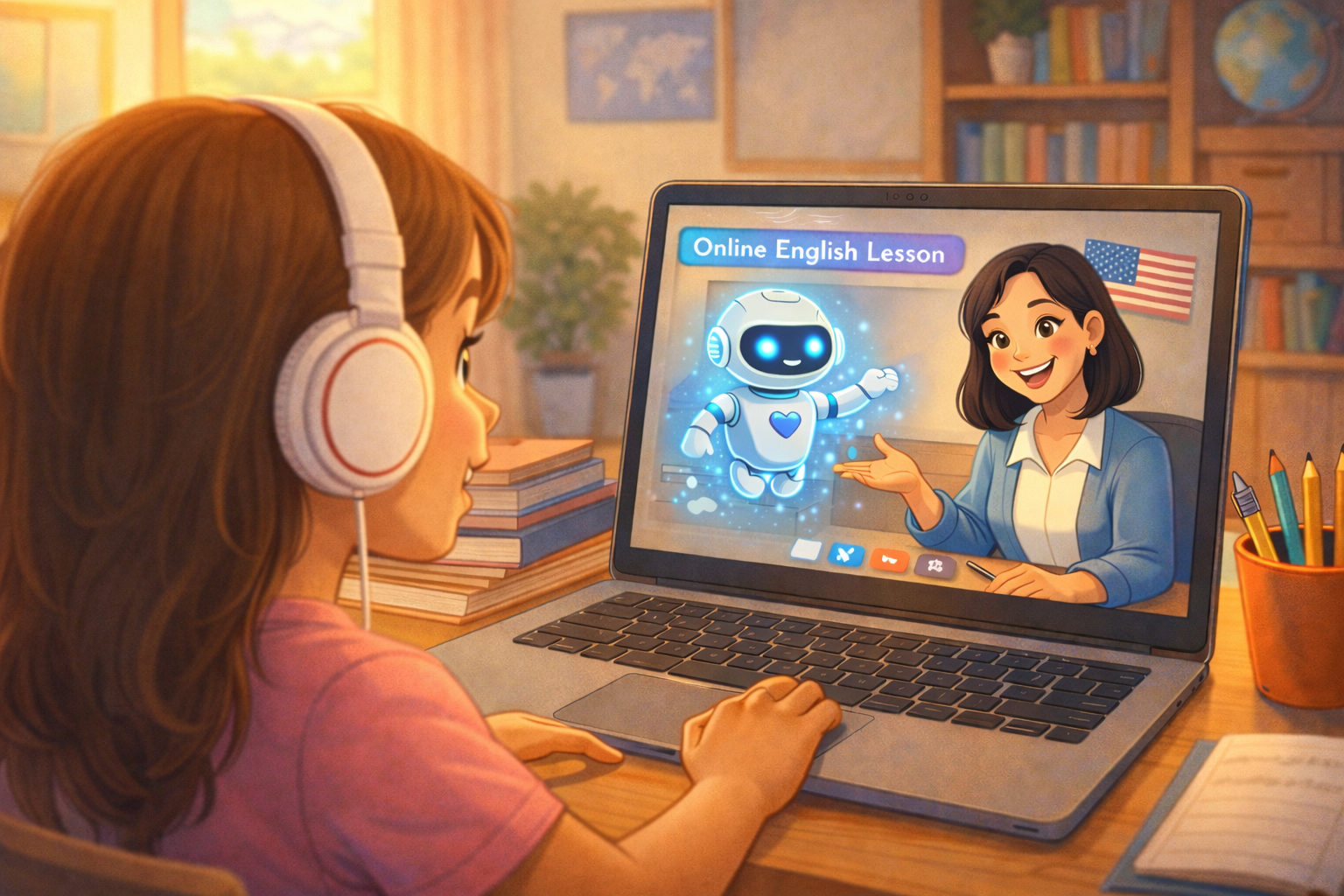 Girl attending an online English lesson.