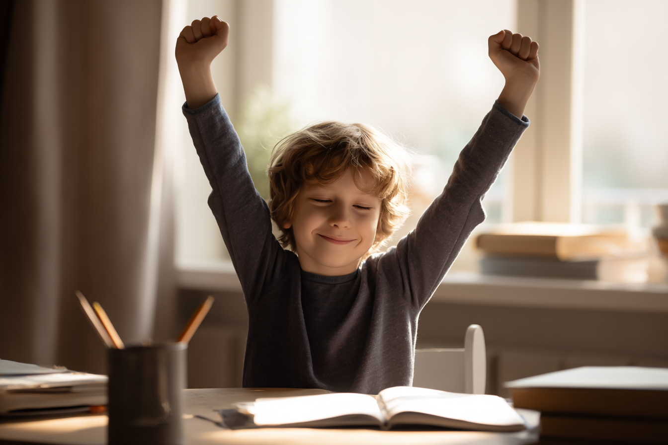 A child celebrating having learned something new in class