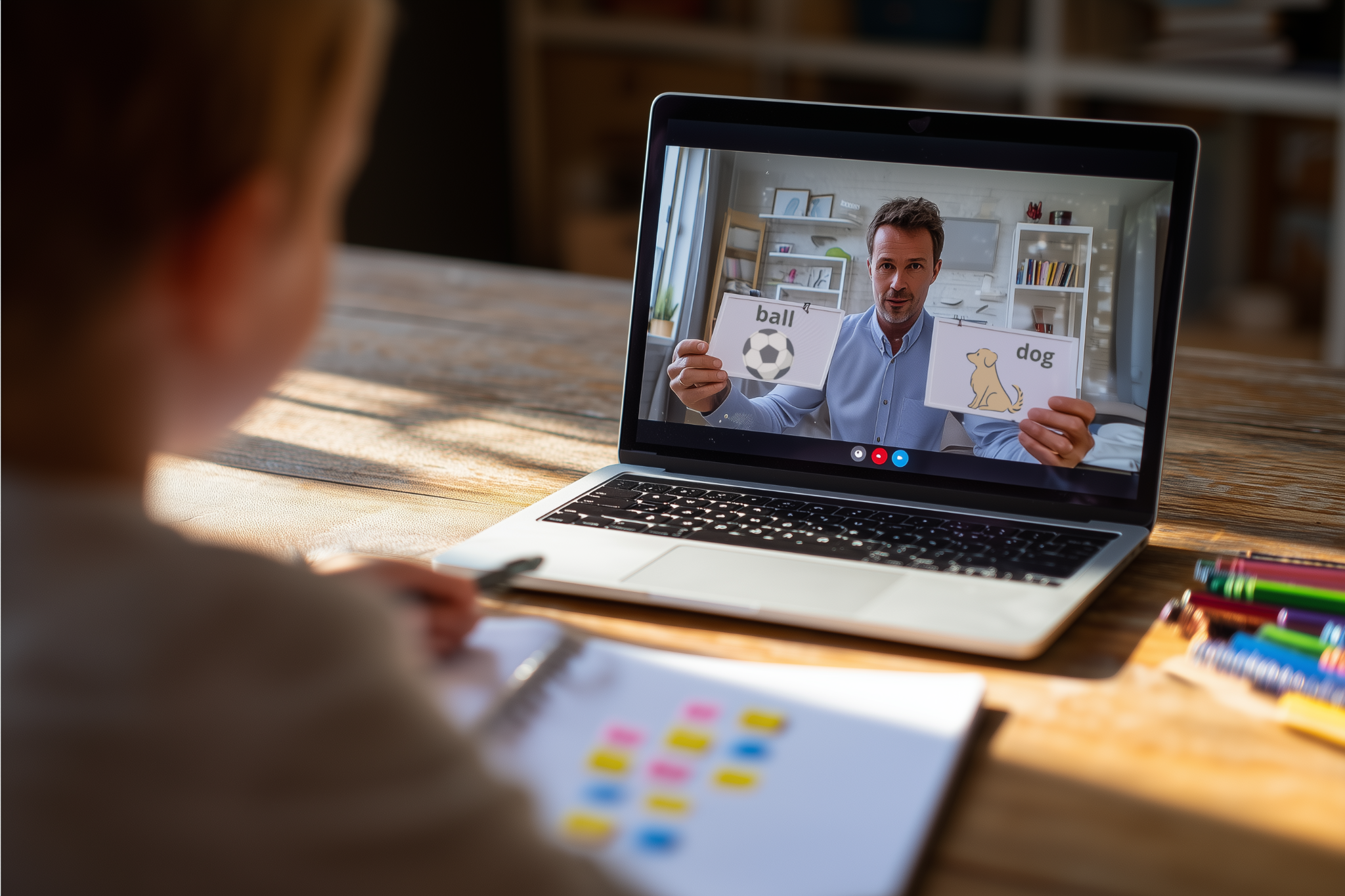 An English lesson via video call between a teacher and a student, with a comic they are reading together displayed on the screen