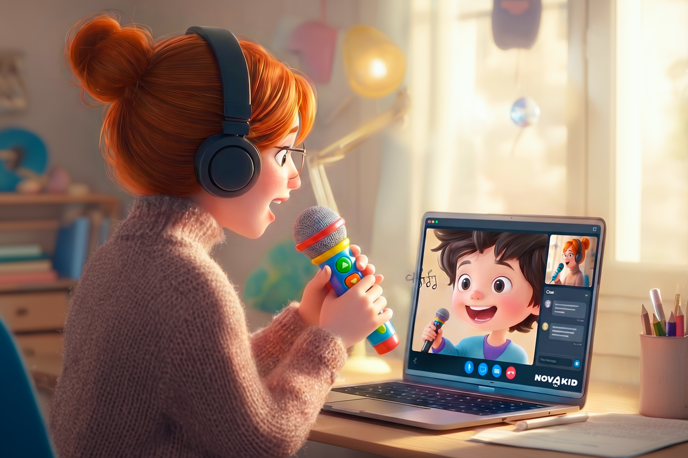 A picture of a teacher teaching an online student and they are singing a song. The teacher is holding a microphone prop (toy like) and the child is singing along