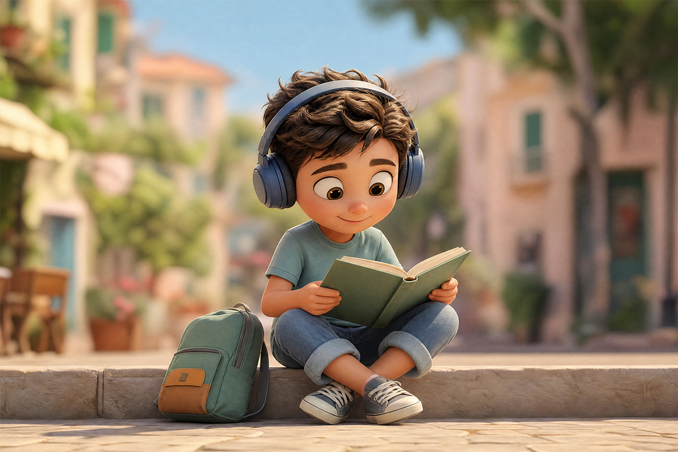 A boy listening to audio while reading.