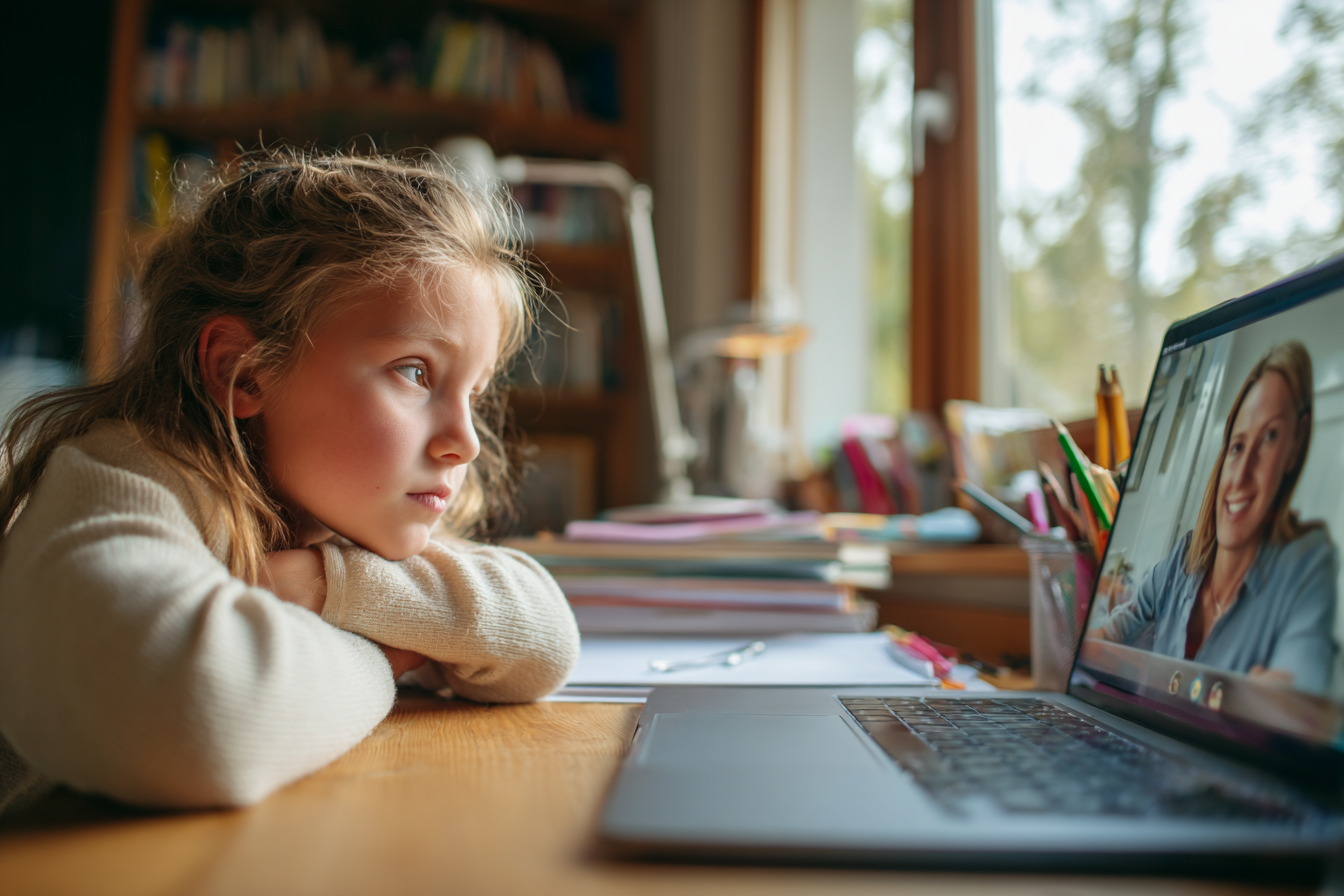 A girl in an online English class who seems distracted