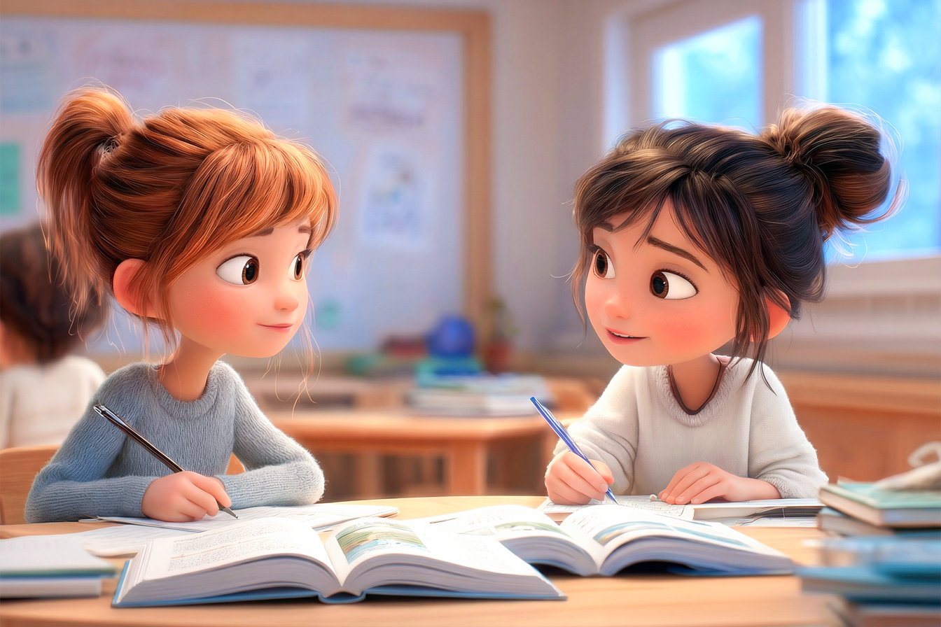 Two girls reading and sharing English notes together.