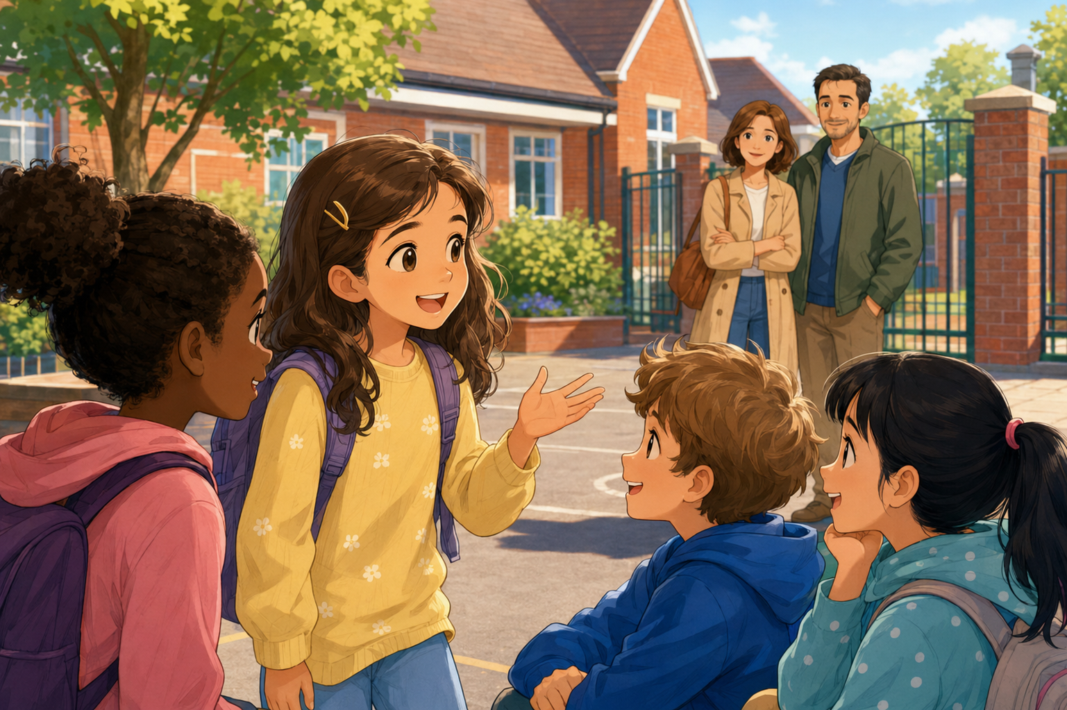 Ioana chatting in English with her friends at school, while her parents watch her proudly.