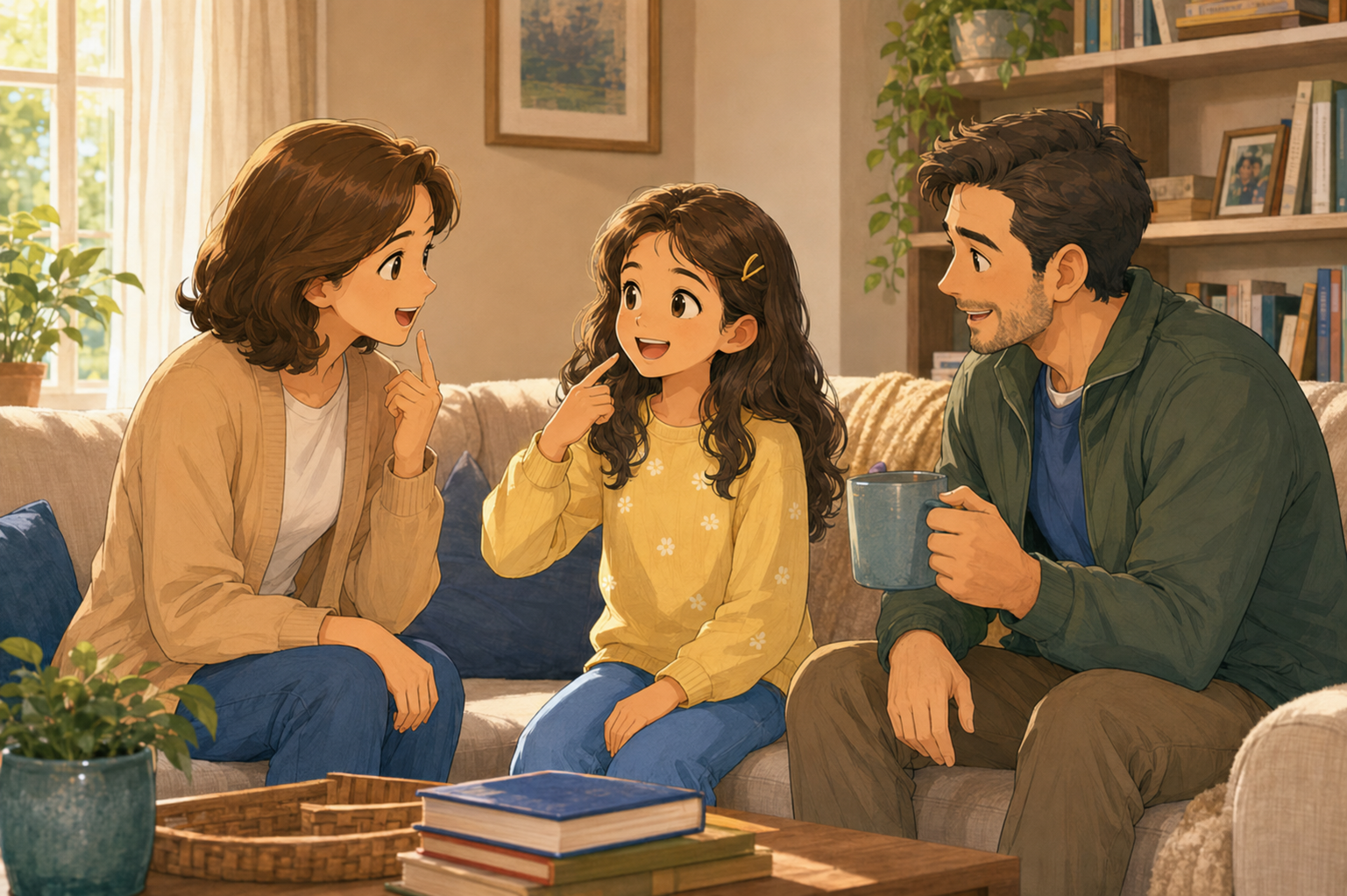 Ioana teaching English to her parents.
