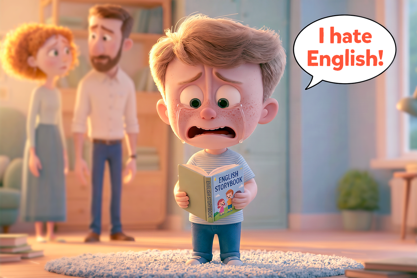 A young child crying with a speech bubble saying