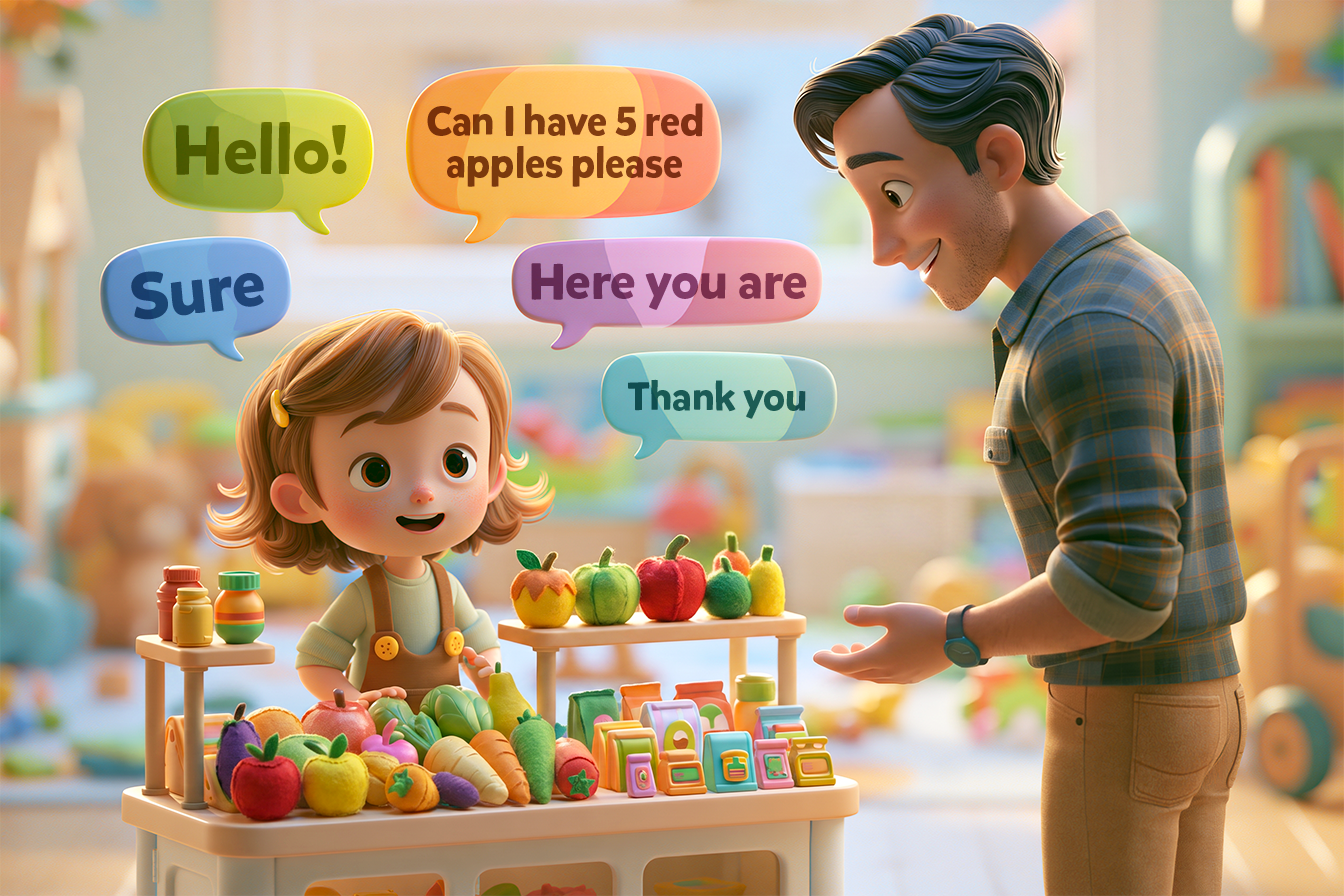 A picture of a child and a parent role playing being a shopkeeper and a customer. They are in a cute playroom at home. There is an English dialogue between the child and parent. Something along the lines of...