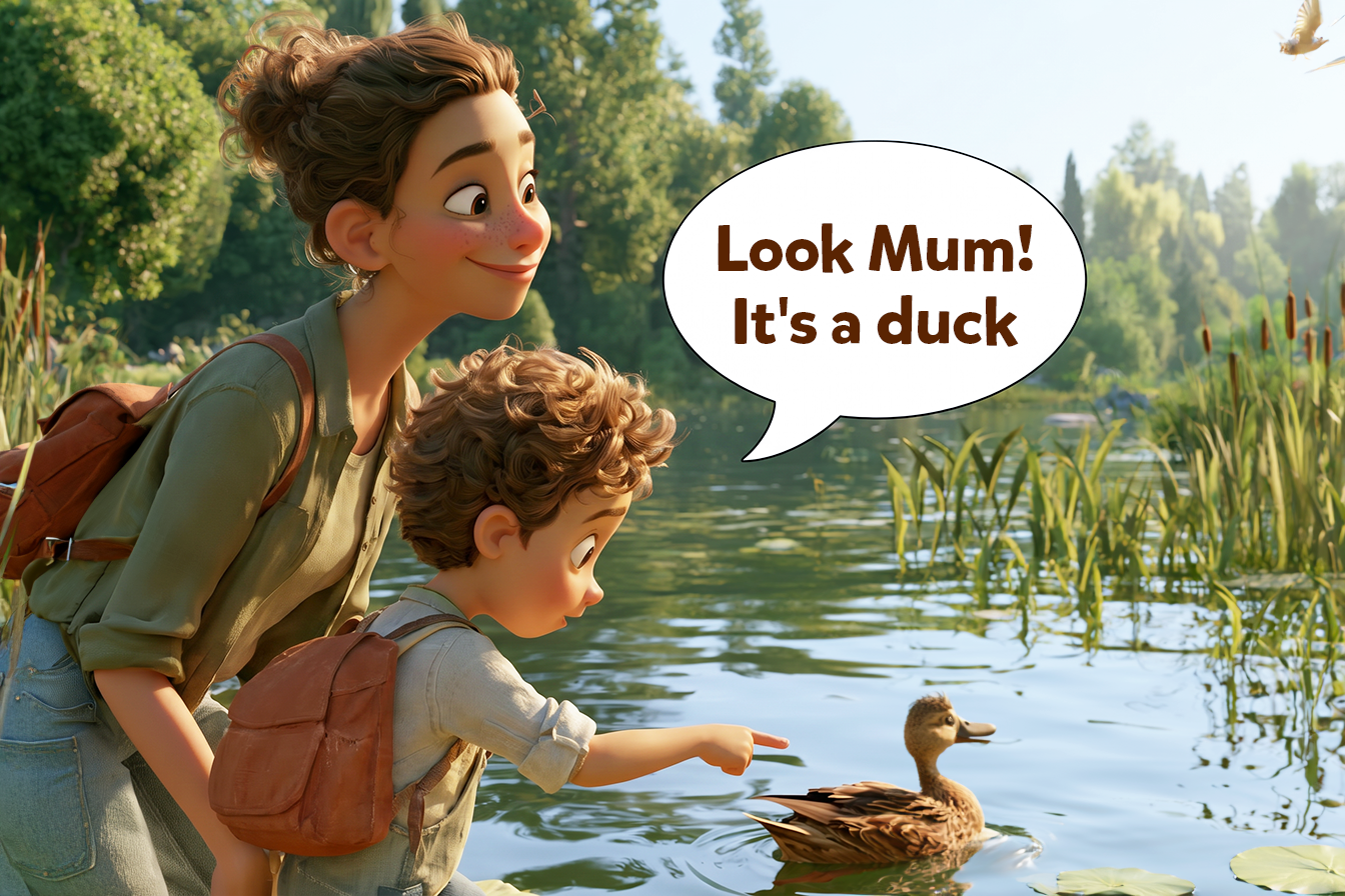 A picture of a child and a mum in the park, a child points at a duck and says (in a speech bubble)