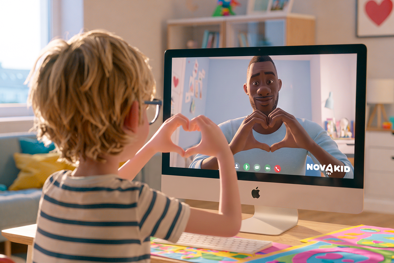 A picture of a child doing an online English lesson and both the teacher and the child are doing heart hands to each other, indicating that the student loves doing the lesson and loves the teacher