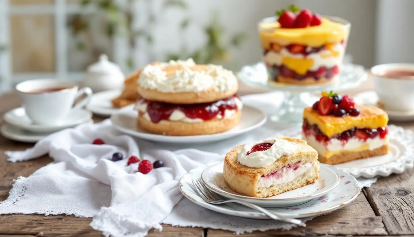 Una variedad de postres ingleses tradicionales se presenta en la imagen